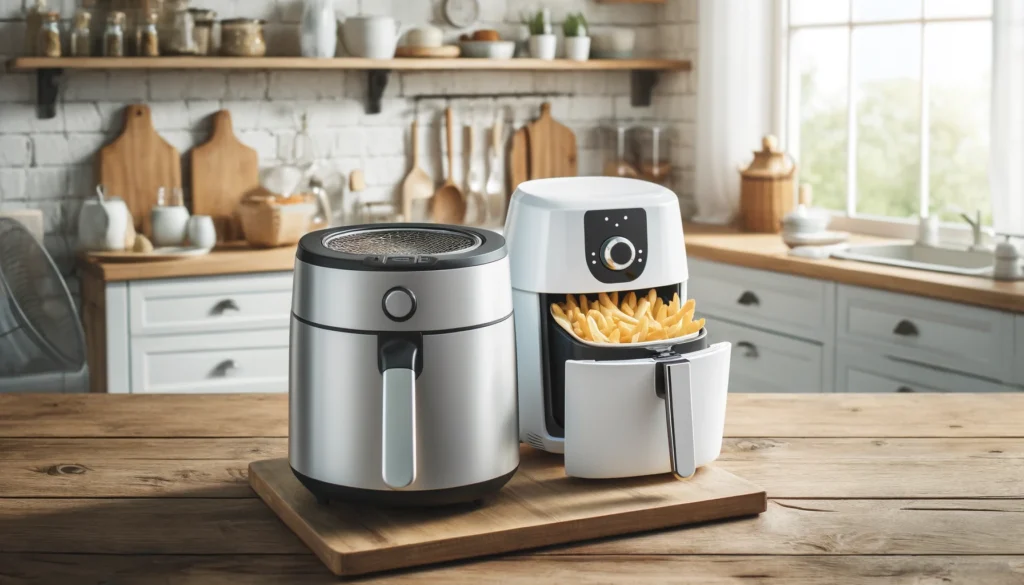 a traditional deep fryer and a modern air fryer on a rustic wooden table